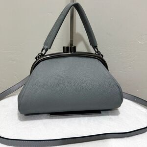 Gray Togo Cowhide Calfskin Handmade Kisslock Wristlet, Shoulder Bag, Crossbody